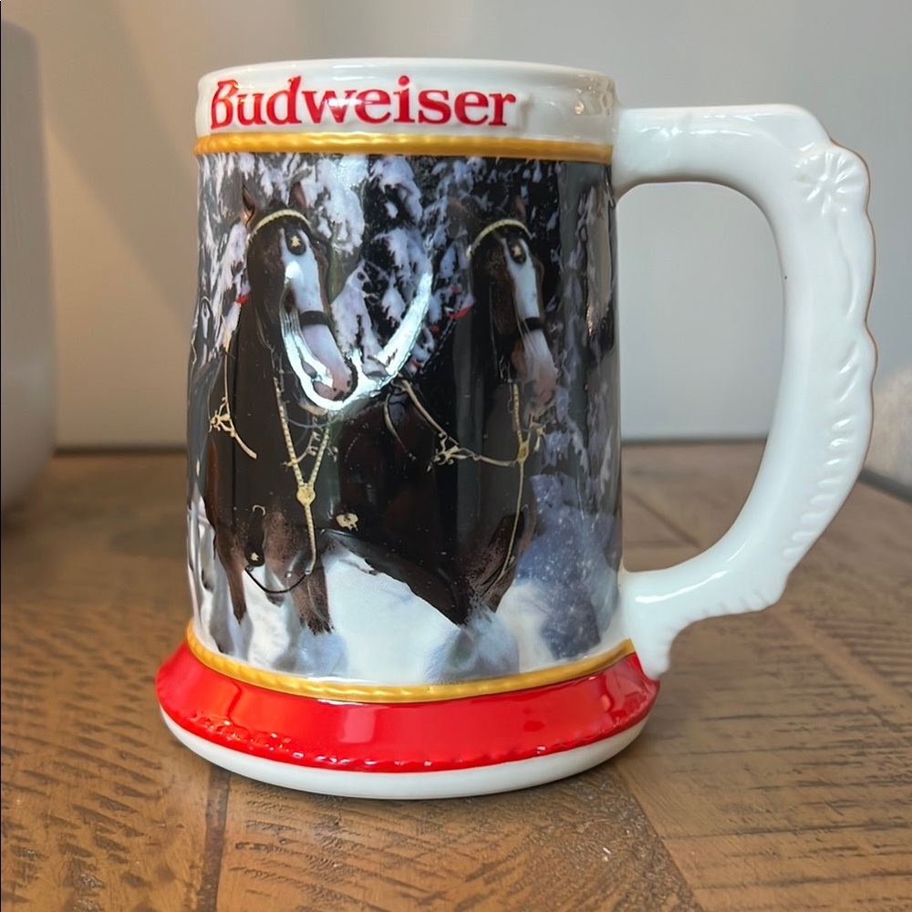 Budweiser Ceramic Beer Stein with Horse and Sleigh Design